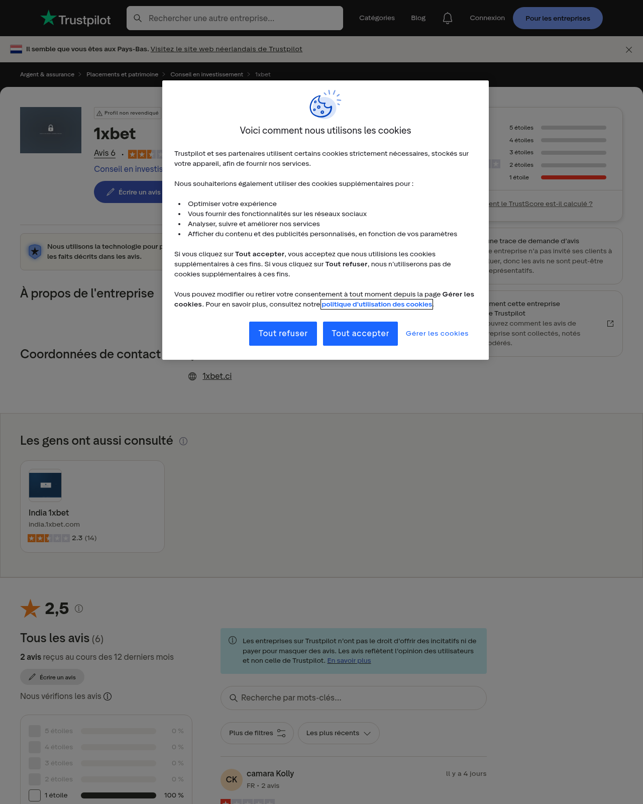 Capture d’avis de tiers associés au domaine 1xbet.ci