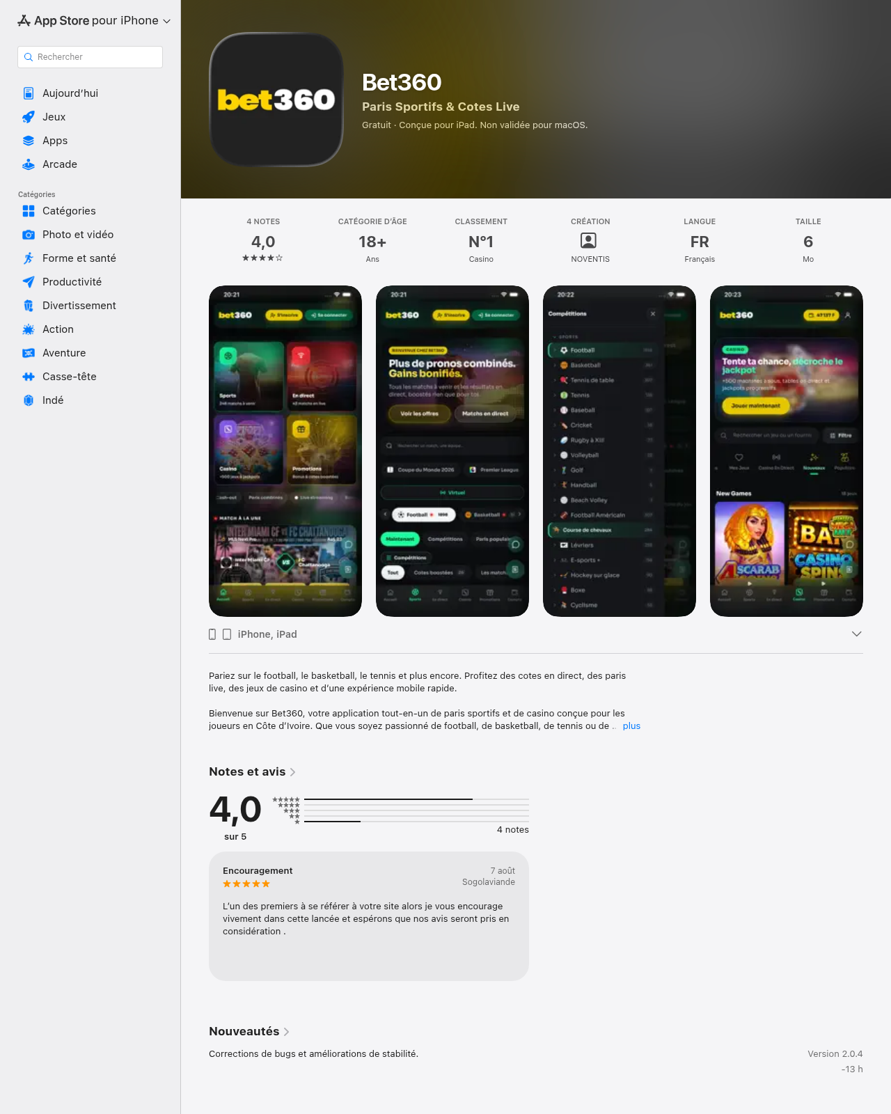 Capture fournie de la fiche indépendante de l’application Bet360