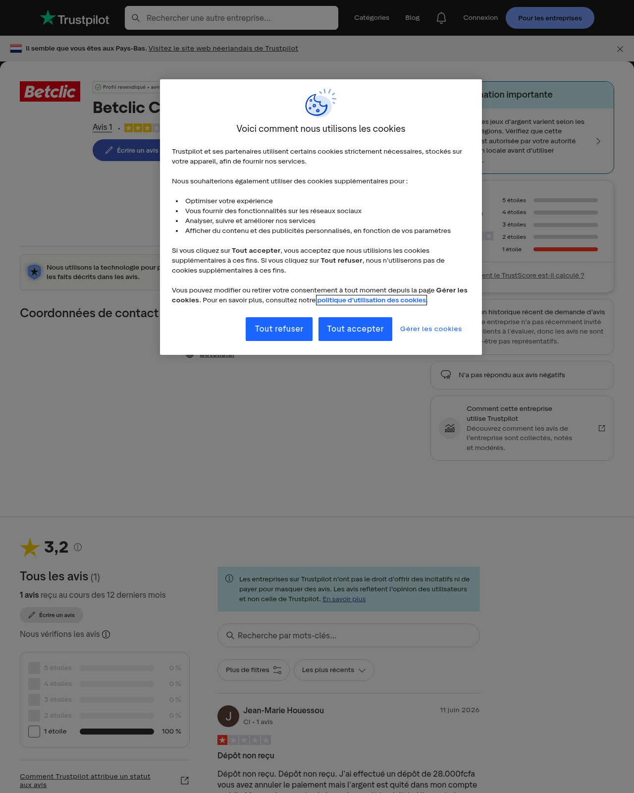 Capture de la page d’avis concernant betclic.ci