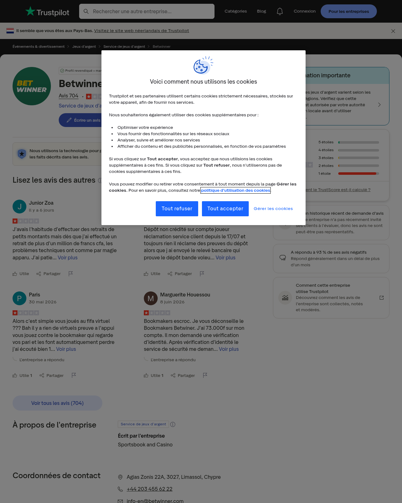 Capture d’avis concernant betwinner.com