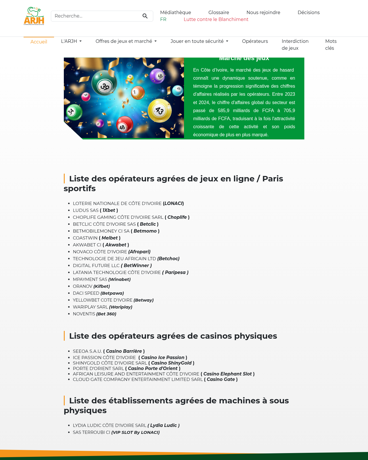 Capture de la liste ARJH des opérateurs et marques
