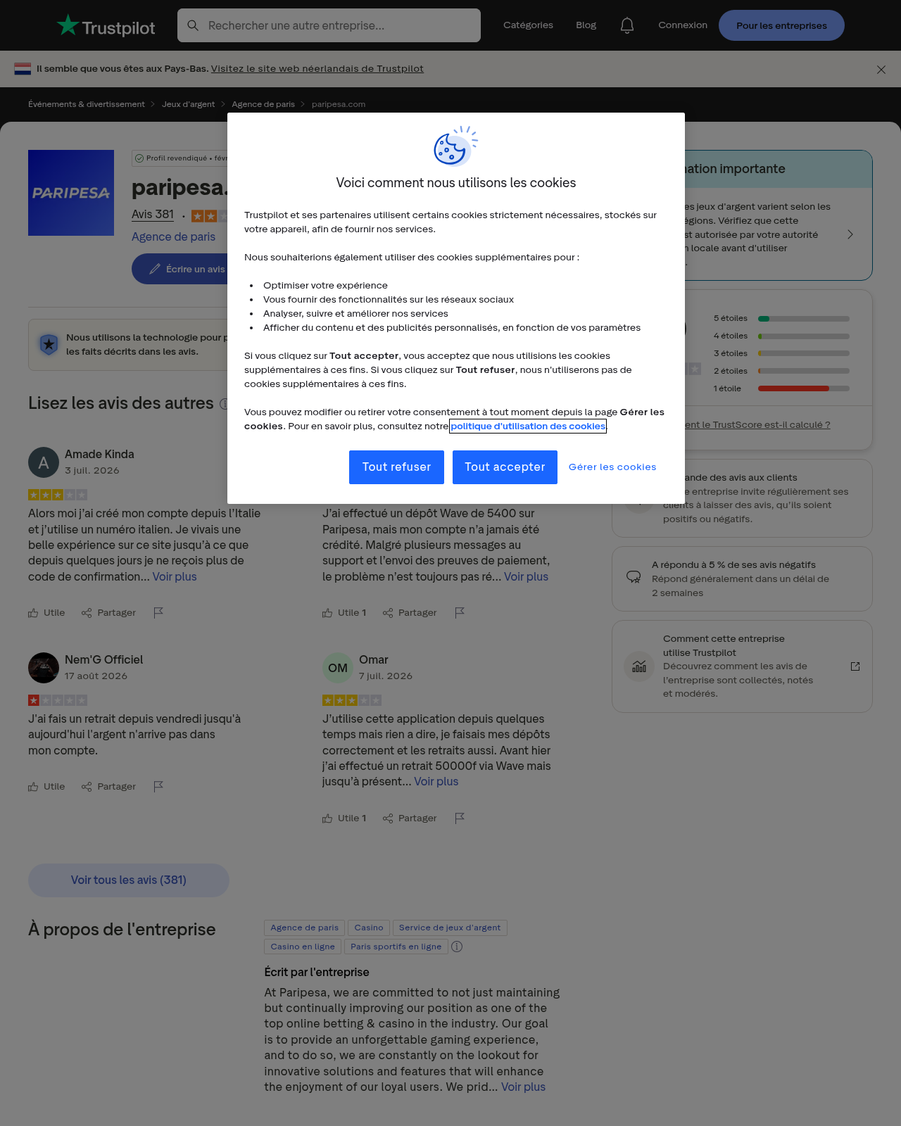 Capture d’avis d’utilisateurs concernant Paripesa