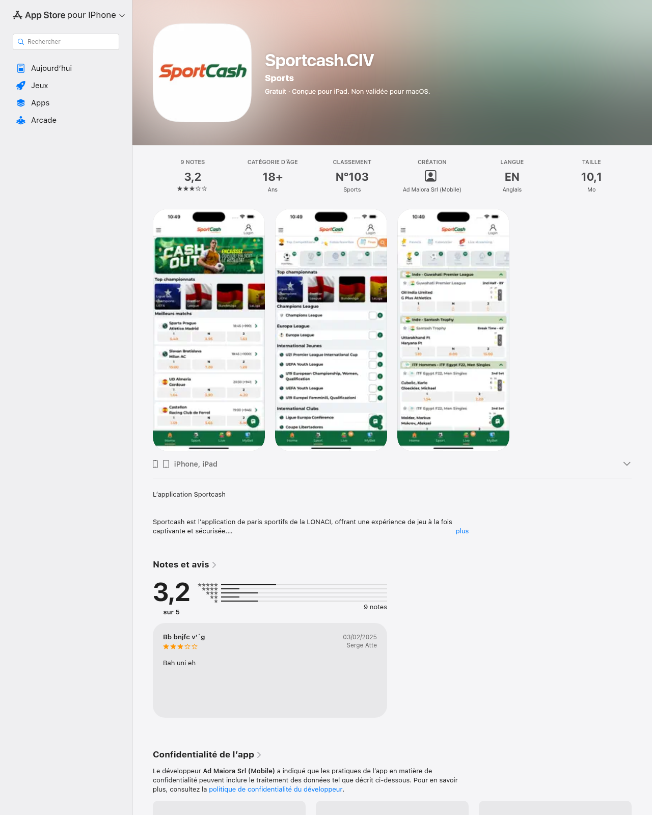 Capture de la fiche indépendante de distribution de l’application