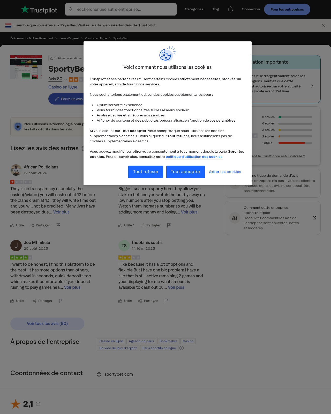 Capture d’avis d’utilisateurs concernant sportybet.com
